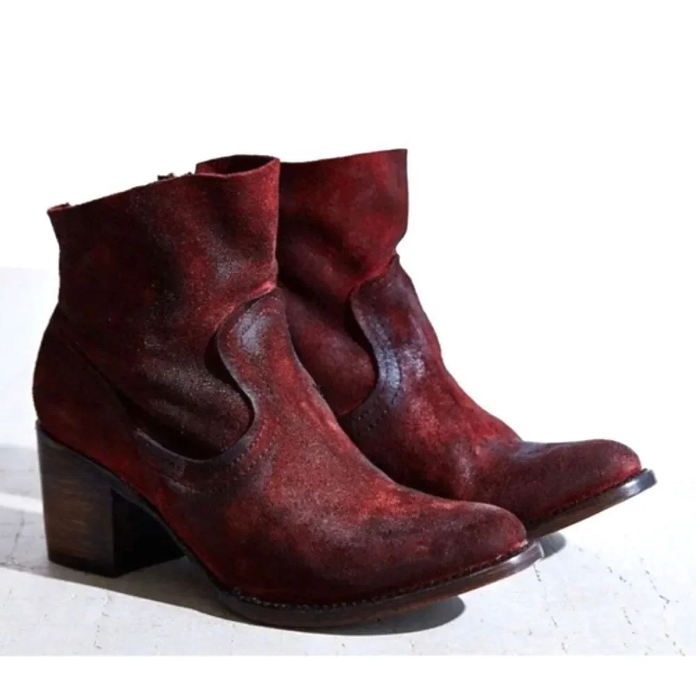 Freebird by Steven 100% Leather Suede Wine Salt Heeled Ankle Slip On Boots Women